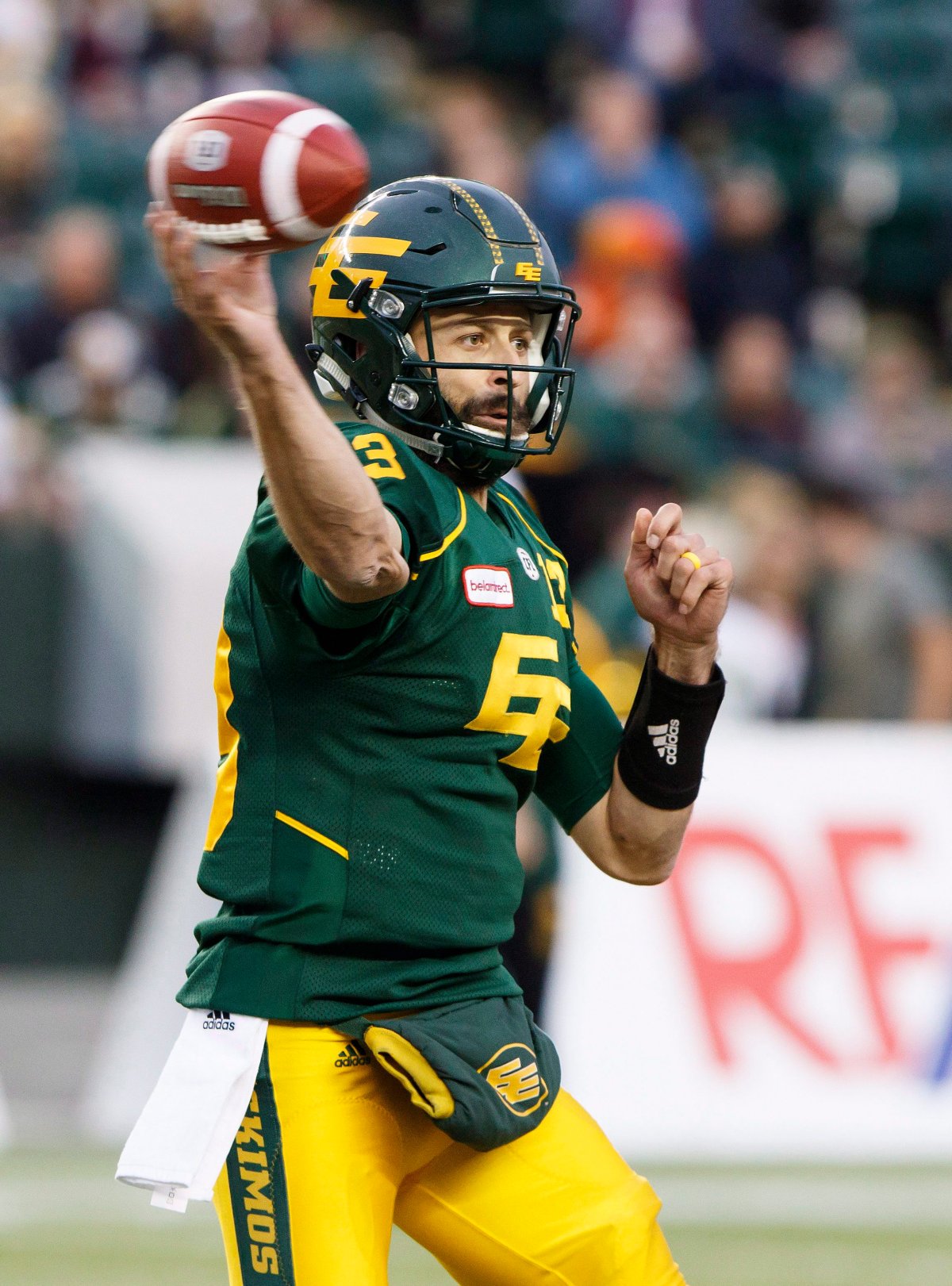 Edmonton Eskimos quarterback Mike Reilly (13) passes during first half CFL action against the Calgary Stampeders in Edmonton, Alta., on Saturday October 28, 2017. 