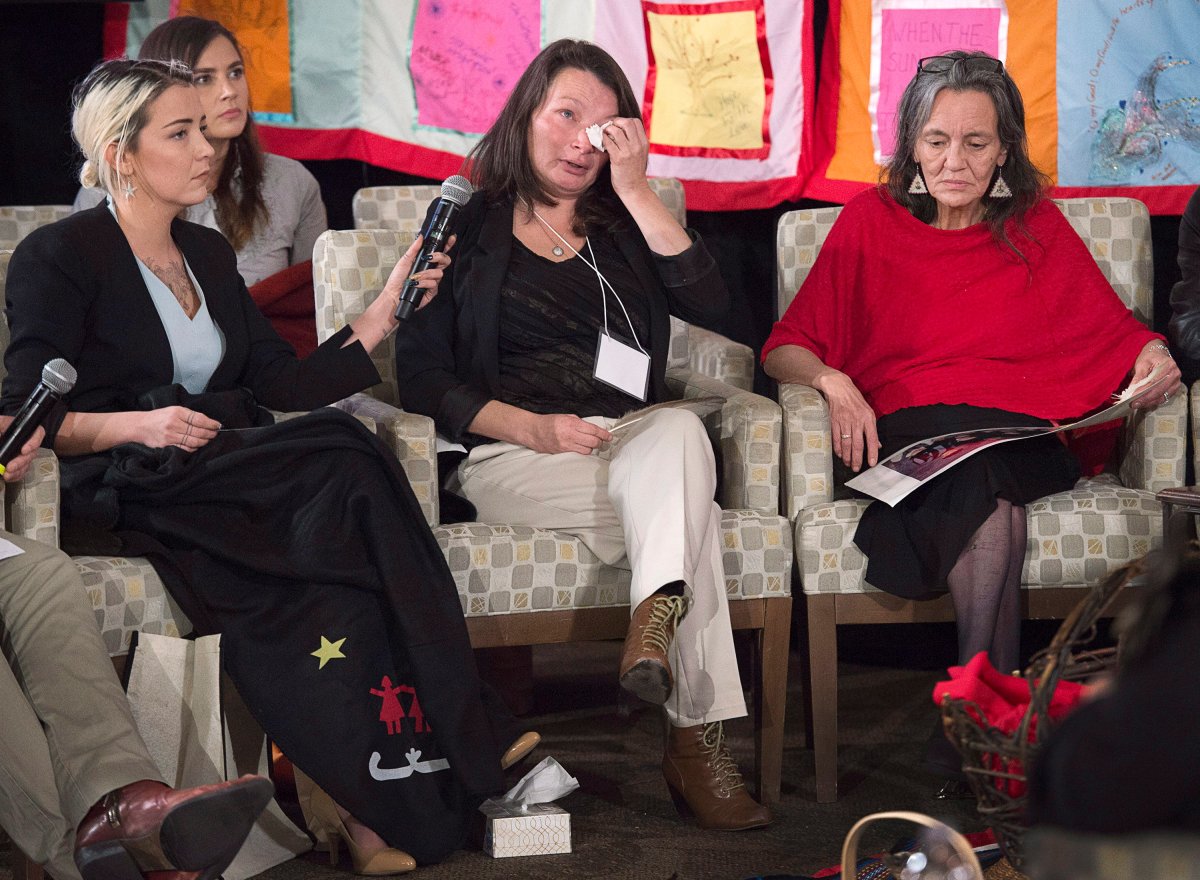 Deliah Saunders, left, Audrey Saunders, sisters of Loretta Saunders, and Miriam Saunders, right, her mother, testify at the National Inquiry into Missing and Murdered Indigenous Women and Girls, in Membertou, N.S. on Monday, Oct. 30, 2017. 