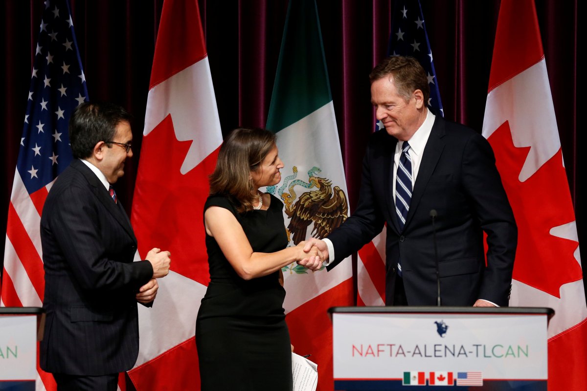 Chrystia Freeland and U.S. Trade Representative Robert Lighthizer shake hands at the close of the third round of NAFTA talks involving the United States, Mexico and Canada in Ottawa last September.