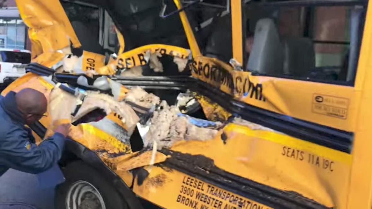 A damaged school bus is seen at the scene of a truck attack in Manhattan, New York, on Oct. 31, 2017, in this picture obtained from social media.