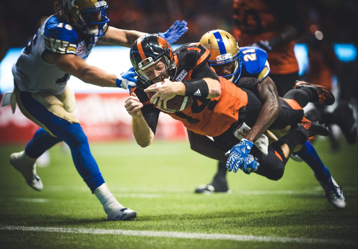 Lulay and Brandon Alexander (21) of the Winnipeg Blue Bombers during the game at BC Place Stadium in Vancouver, BC., on Friday, July 21, 2017.