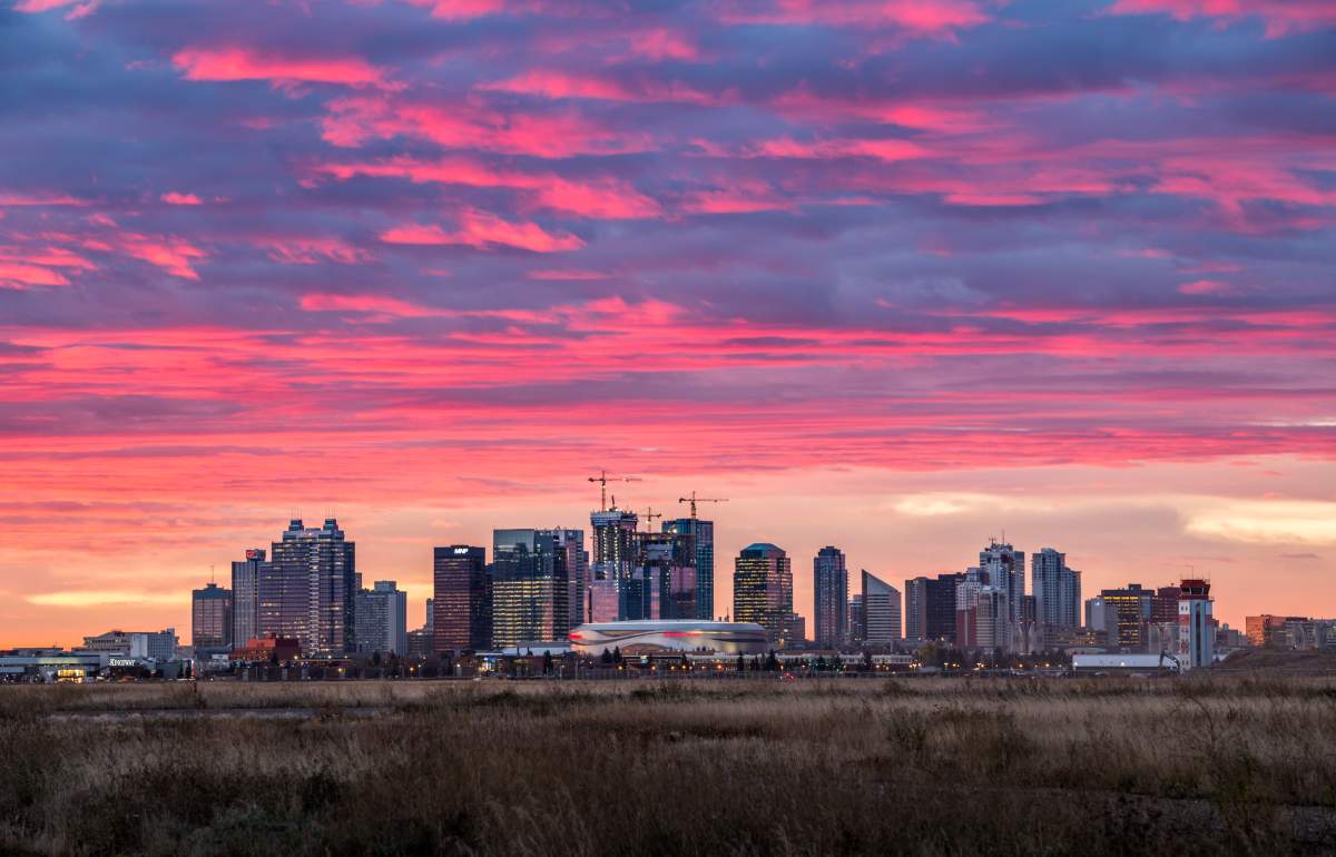 The skyline of Edmonton as seen from the future Blatchford neighbourhood.