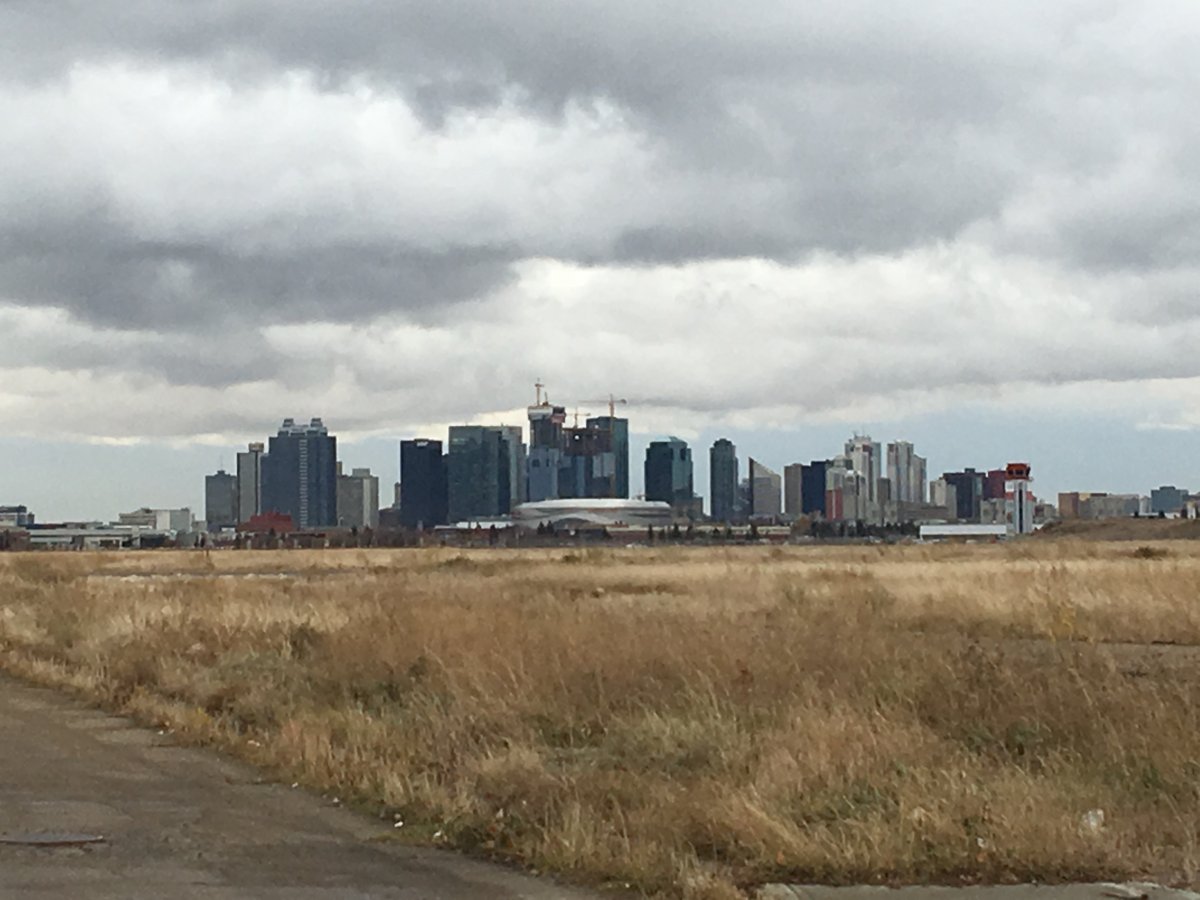 A view of Edmonton's skyline looking south from the future Blatchford neighbourhood.