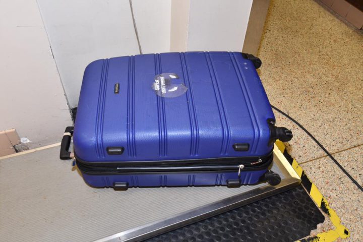 A photo of the suitcase a pit bull puppy was found in. 
