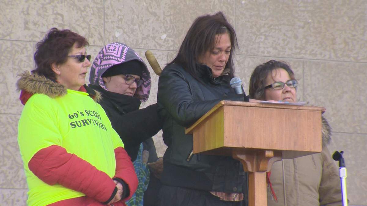 Manitoban survivors of the 60's Scoop shared their stories on the steps of the legislature  Oct. 27.