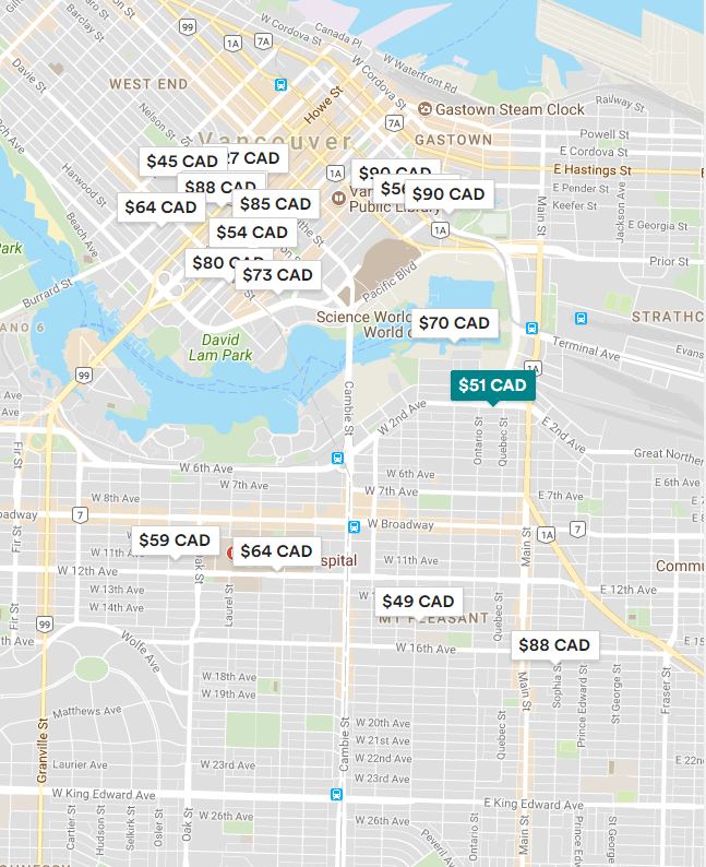 Listing of Airbnb rentals in the Vancouver area.