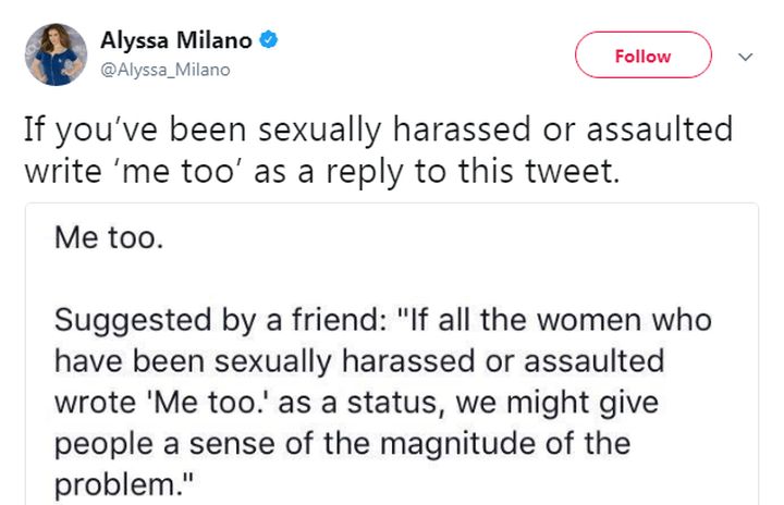 A screenshot of an Alyssa Milano tweet about the#metoo campaign on Oct. 15, 2017.