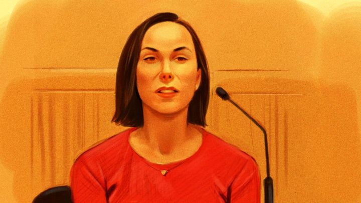 Amanda Lindhout testifies in court Thursday, Oct. 5, 2017 as the trial of one of her alleged hostage-takers got underway.