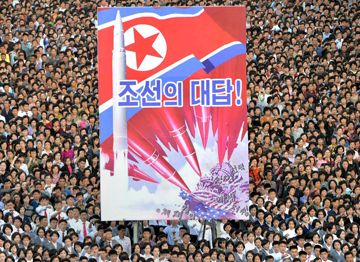 This picture taken on Sept. 23, 2017 and released from North Korea’s official Korean Central News Agency (KCNA) on Sept. 24 shows an anti-U.S. rally in Kim Il-Sung Square in Pyongyang. Tens of thousands of Pyongyang residents gathered to laud leader Kim Jong Un’s denunciation of U.S. President Donald Trump.