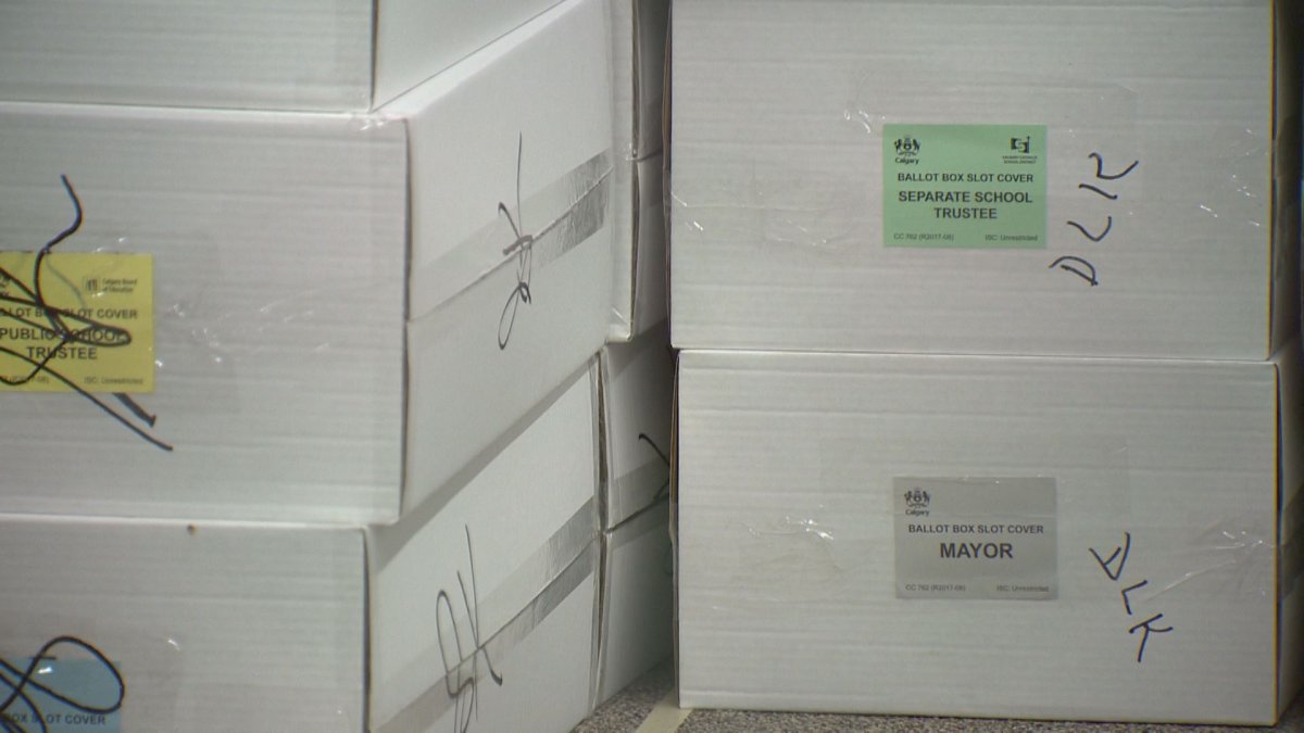 Boxes of roughly 75,000 advance votes sit unopened in Elections Calgary's office, pictured on Oct. 13, 2017.