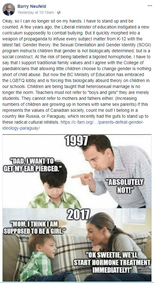 Chilliwack school trustee should apologize for LGBTQ Facebook post says fellow board member - image