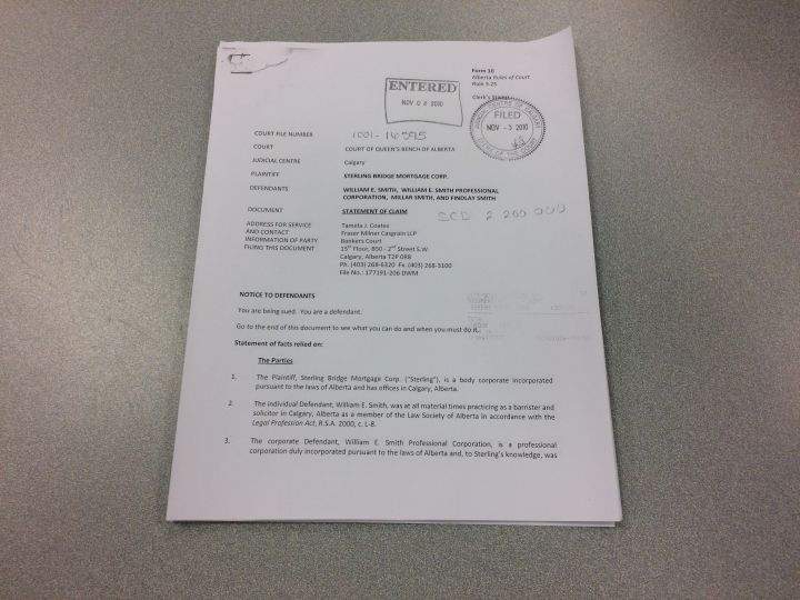Statement of claim filed by Sterling Bridge Mortgage Corporation against Calgary lawyer Bill Smith in November 2010.
