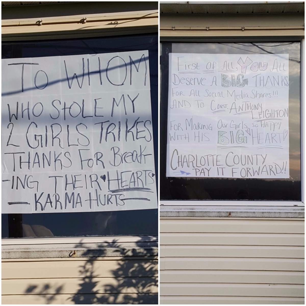 The sign on the Curtis family’s window informing residents of the theft would soon be replaced with a sign praising Const. Anthony Leighton’s kind gesture.