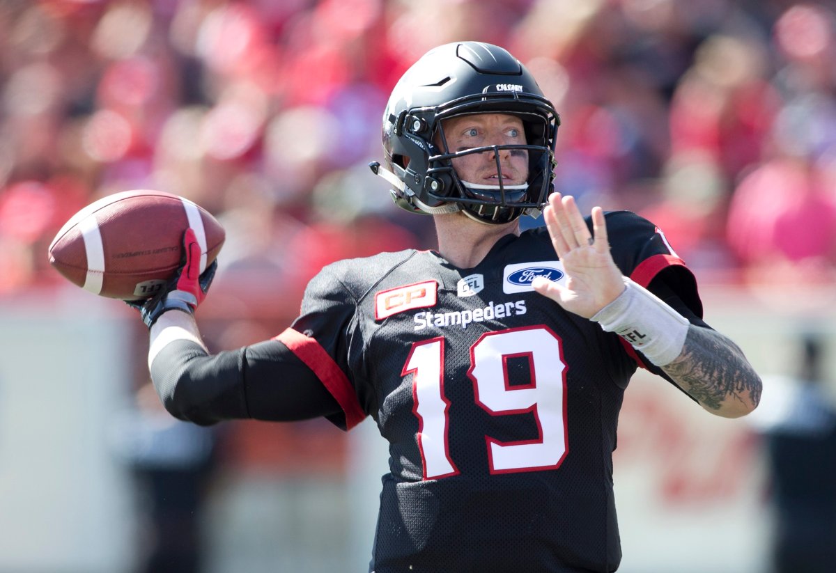 Calgary Stampeders quarterback Bo Levi Mitchell during first half CFL Labour Day Classic action against the Edmonton Eskimos in Calgary on Monday, Sept. 4, 2017.  (CFL PHOTO - Larry MacDougal).