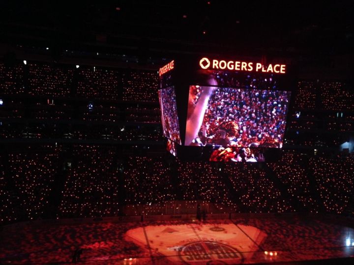 Pre-game show at Edmonton Oilers season opener against Calgary Flames at Rogers Place Wednesday, Oct. 4, 2017.