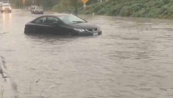 A car got stuck in the water in Burnaby near Still Creek Wedneday afternoon.