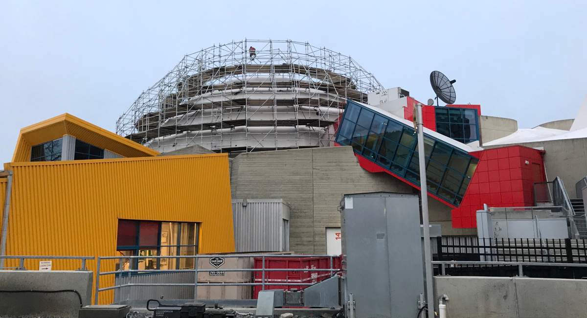 Workers have erected scaffolding around the dome of the Centennial Planetarium as work begins on refurbishing the building.
