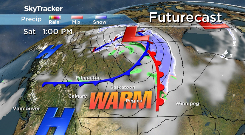 Central Saskatchewan sits in the warm sector of a system sliding through on Saturday.
