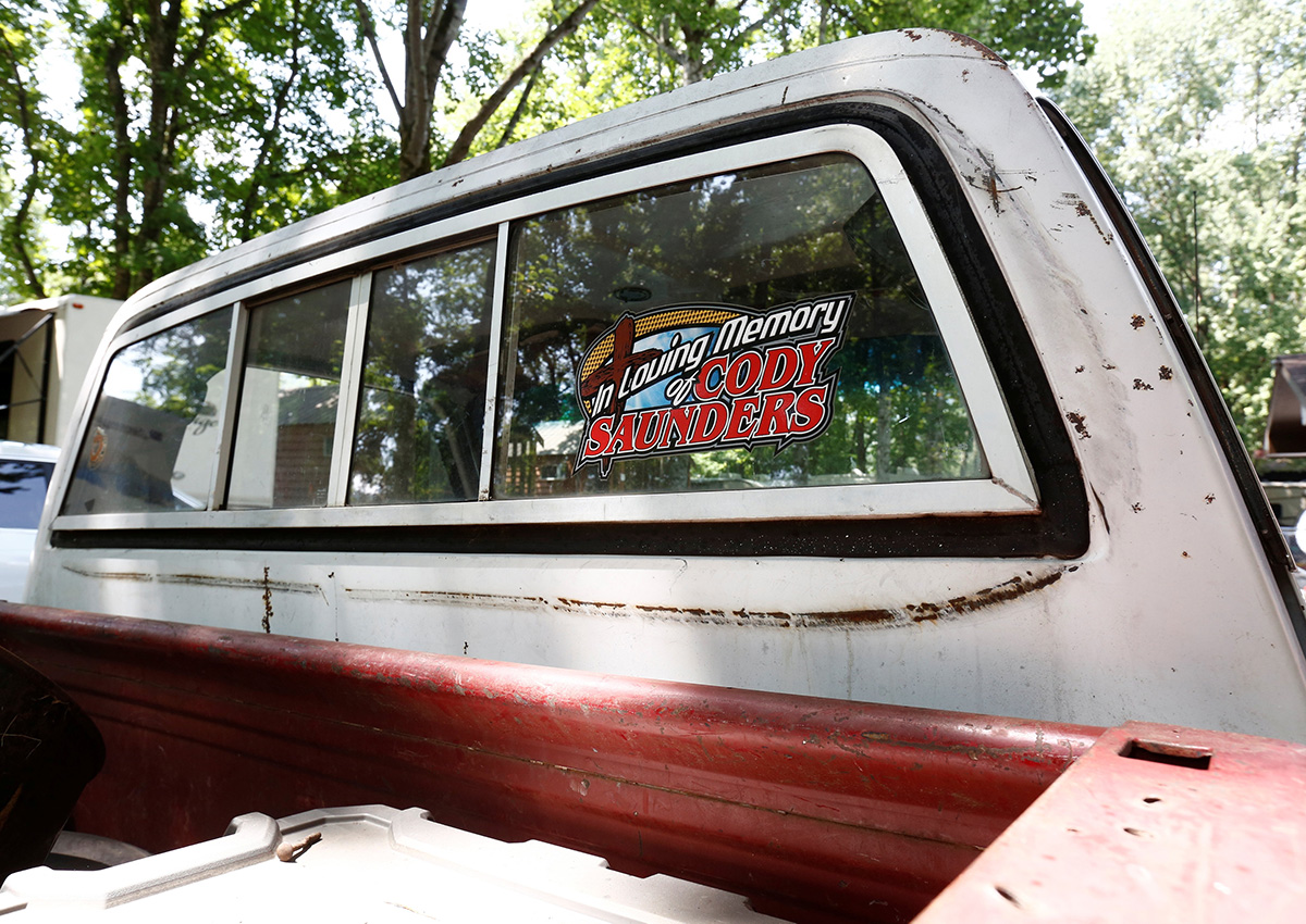 A memorial decal is seen in the rear window of the truck owned by Richard Saunders in Townsend, Tennessee, U.S. July 21, 2017. Picture taken July 21, 2017.