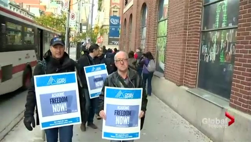 Striking college members outside George Brown College in Toronto.