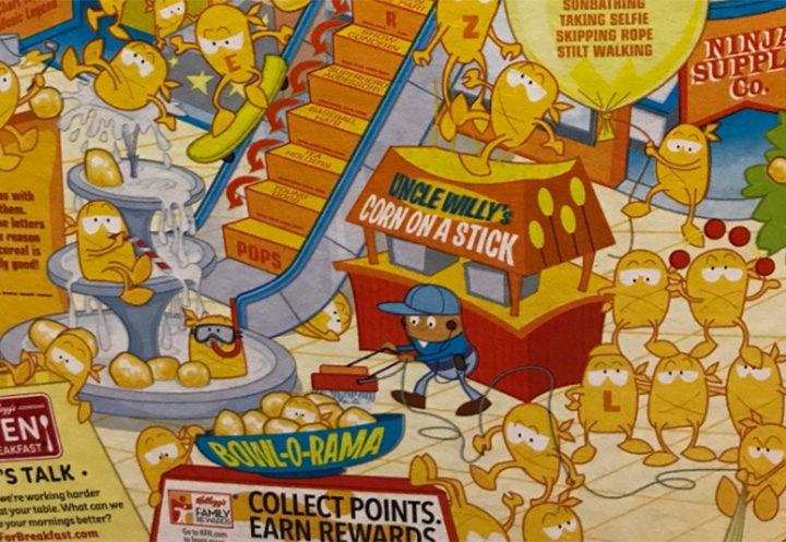 A photo showing the artwork on the back of a Kellogg’s Corn Pops box.