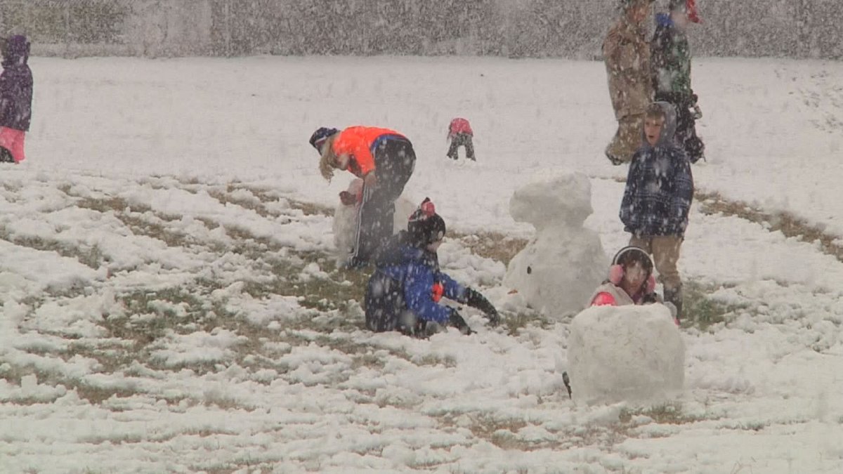 Kids playing in the snow in Cranbrook Friday morning.