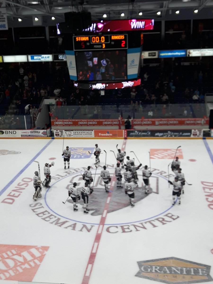 Guelph Storm celebrate their 5-2 win over the Kitchener Rangers on home ice.