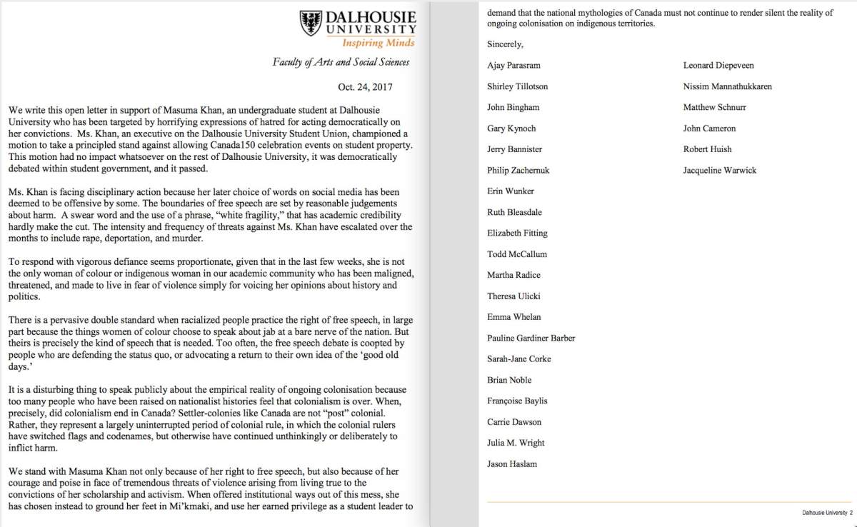 The full text of an open letter supporting Masuma Khan from Dalhousie Univerisity’s Faculty of Arts and Social Sciences