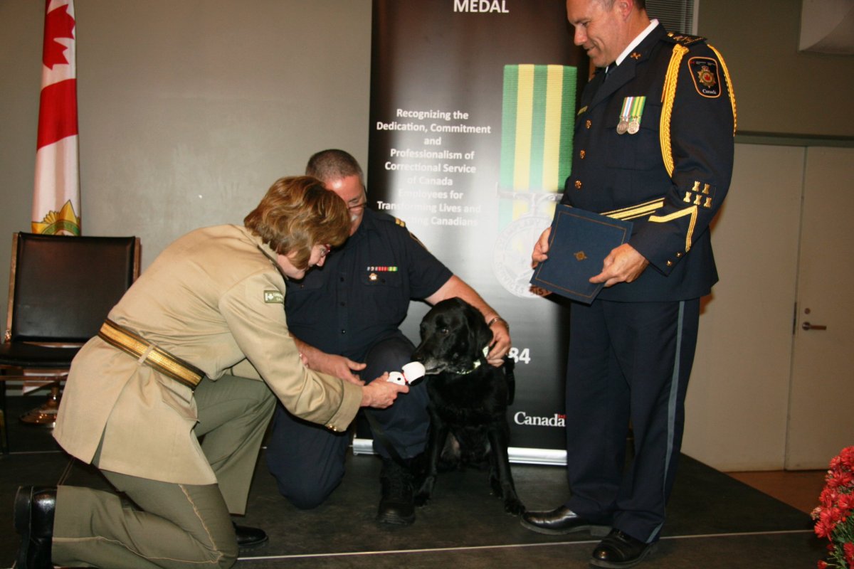 Red receives a retirement certificate and a squeaky dog toy during a ceremony .
