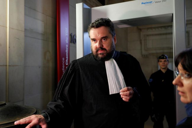 Thomas Klotz, lawyer for Christine Riviere, a radicalized mother known as "Mamie Jihad" or "Jihad Gran", arrives for her trial at the courthouse in Paris, France, Oct. 5, 2017.  