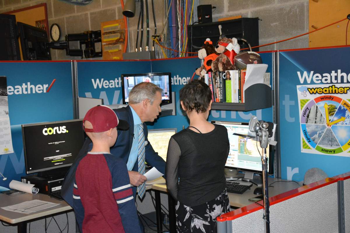 Mike Sobel shows the kids the weather centre.