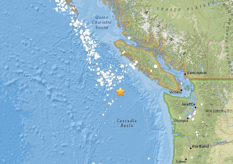 The earthquake struck off the coast of Vancouver Island.