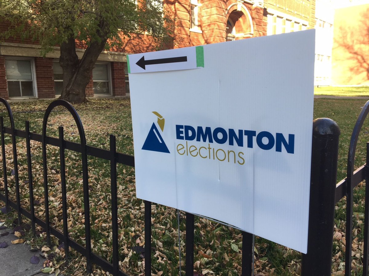 An Edmonton election sign hangs outside a voting station, Monday, Oct. 16, 2017. 