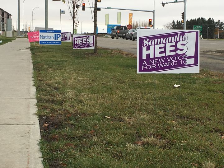 Campaign signs line the streets in south Edmonton's Ward 10 ahead of the 2017 election.  