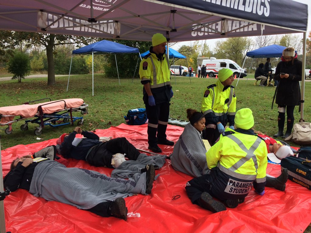 Fanshawe College paramedic students treat 'victims' of simulated tornado at Westminster Ponds, Oct. 12, 2017.