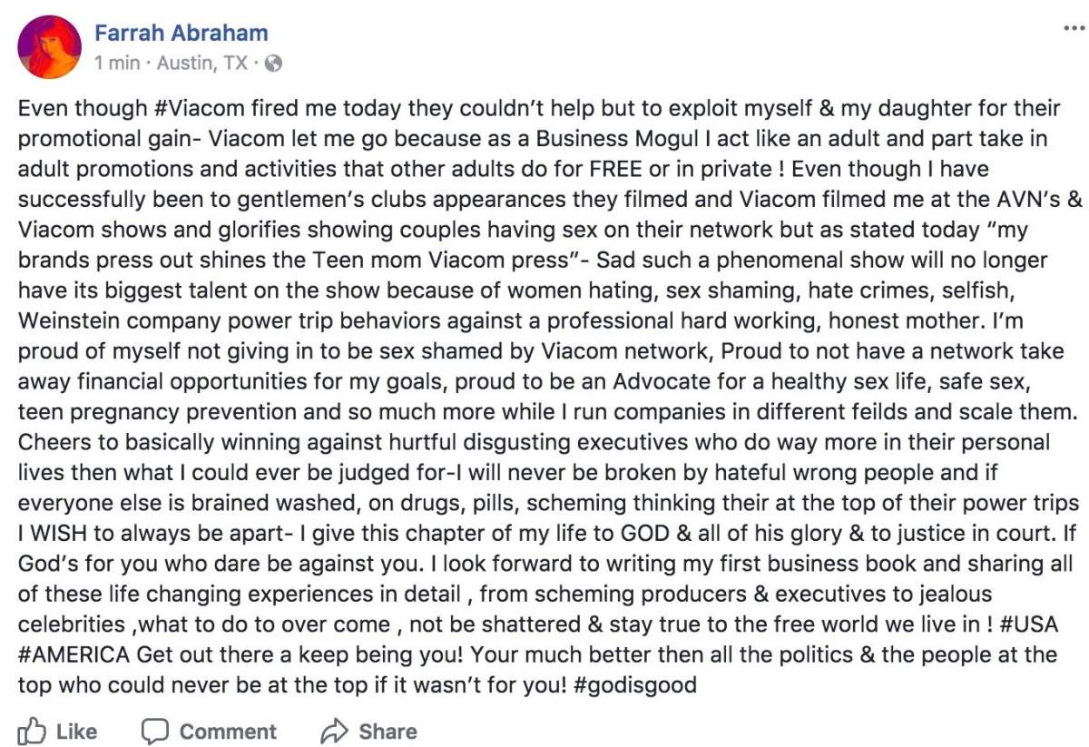 Farrah Abraham says she was fired from ‘Teen Mom OG’ because she’s an adult entertainer - image