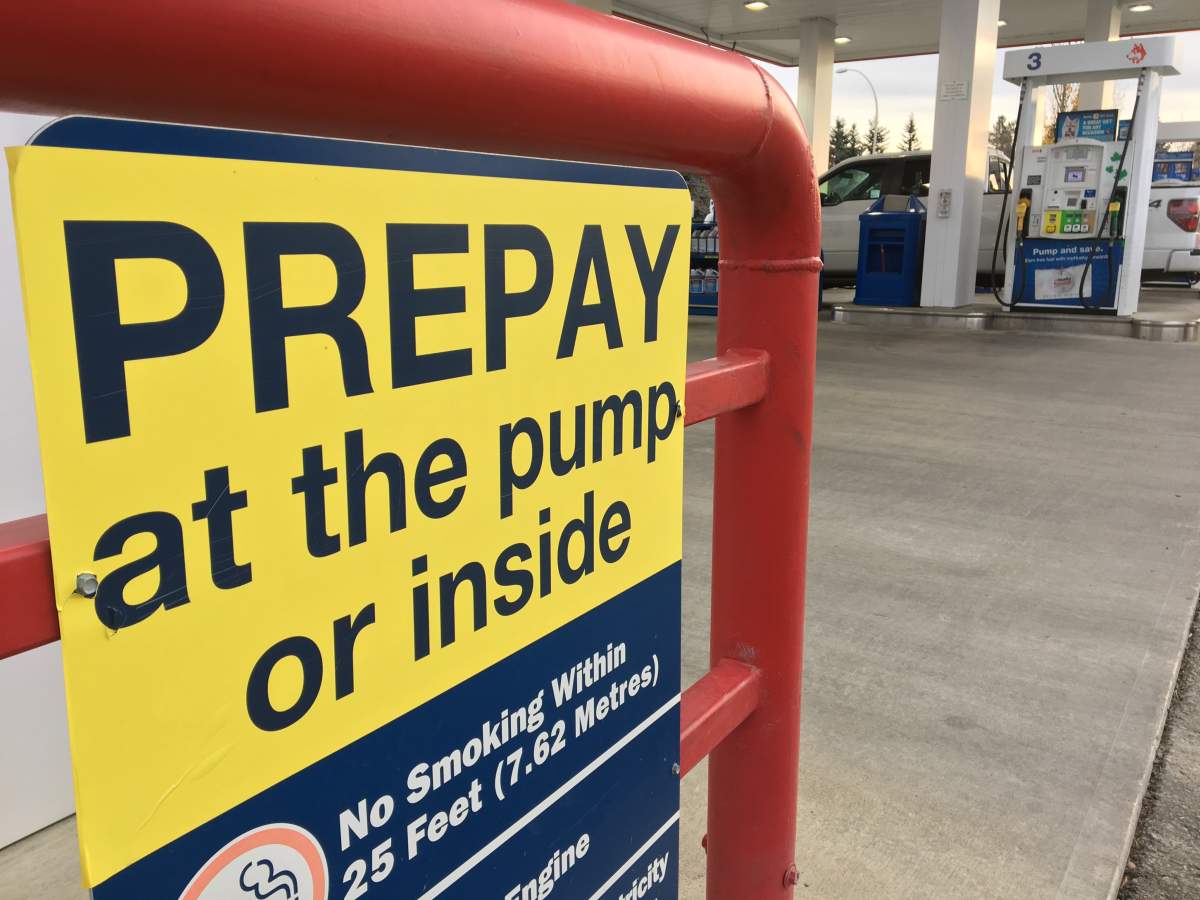 A Husky station pump requiring drivers to pre-pay before fueling up in Edmonton, Alta. October 30, 2017.