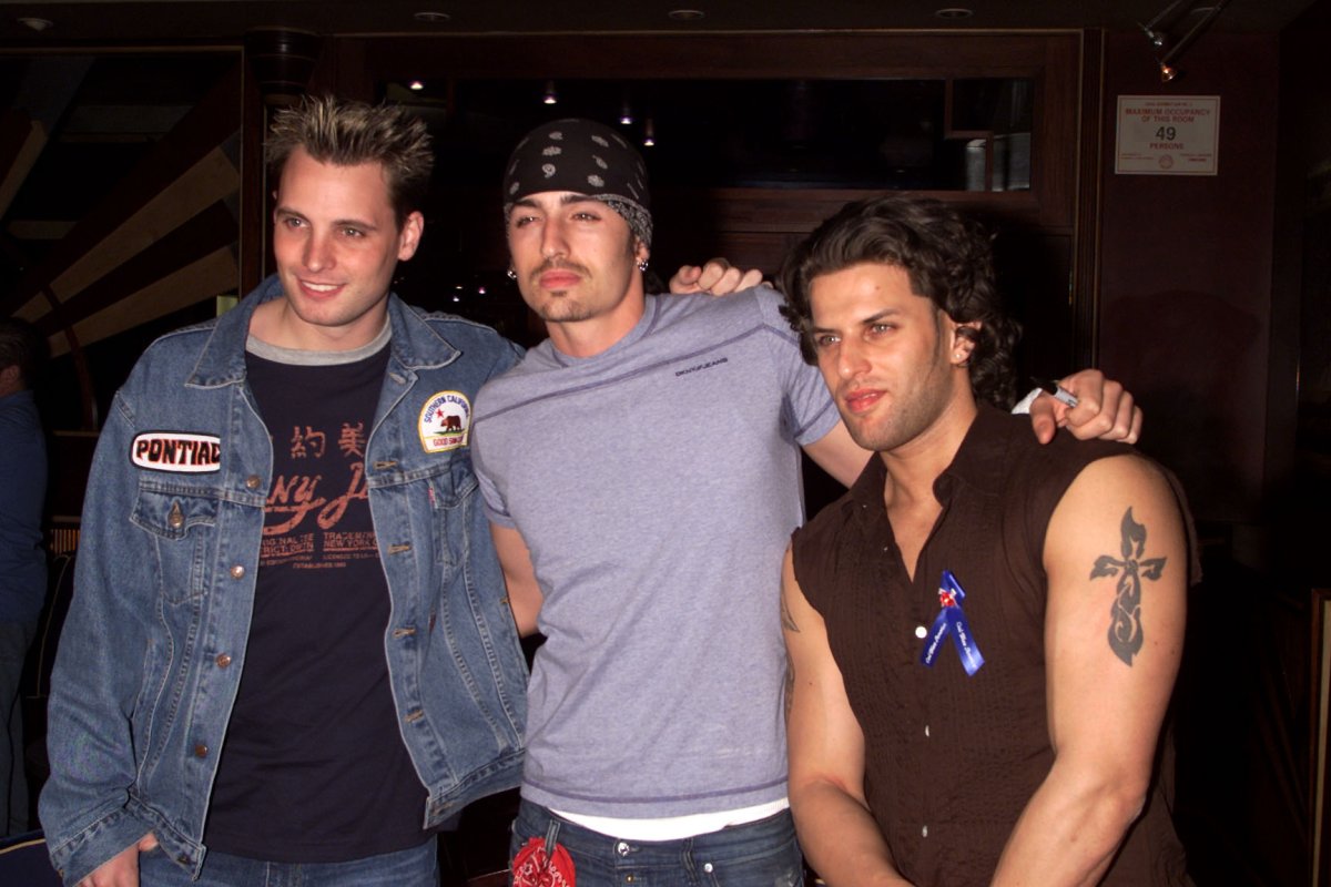 Rich Cronin, Brad Fischetti and Devin Lima, of LFO backstage at the Z100  School Spirit Concert at the Vanderbilt Theater in Long Island, New York on October 12, 2001. 