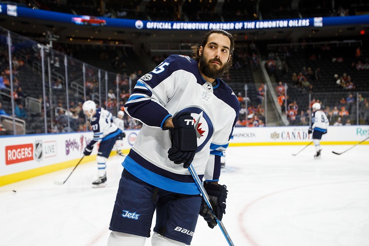 Mathieu Perreault of the Winnipeg Jets warms up before playing the Edmonton Oilers at Rogers Place on Oct. 9 in Edmonton.