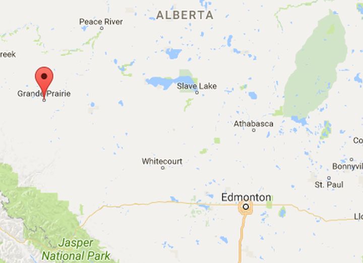 A map showing part of Alberta. Grande Prairie's location is indicated by the red mark.