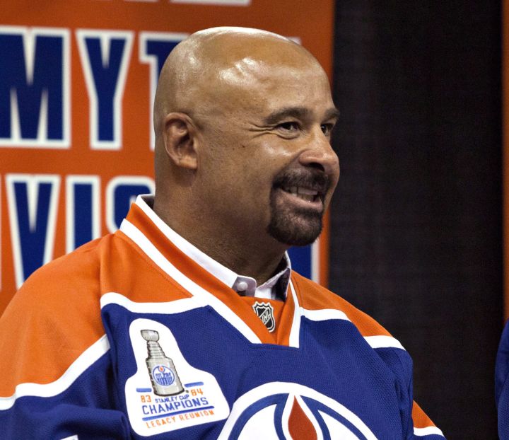 Former Edmonton Oilers' Grant Fuhr takes part in the 1984 Stanley Cup reunion media availability in Edmonton, Alta., on Wednesday October 8, 2014.