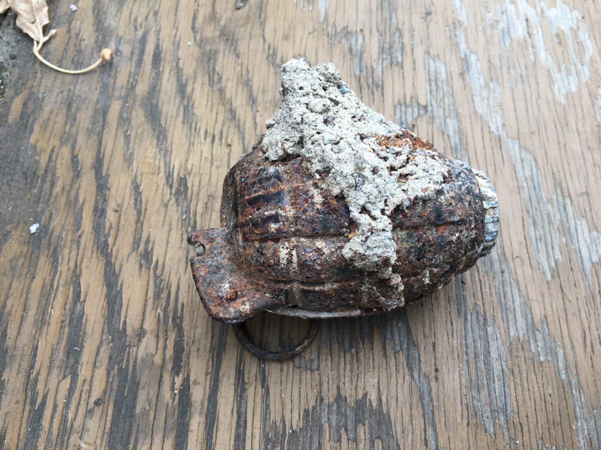 A hand grenade, that had been encased in concrete for 60 years ago, recovered recently by RCMP and the Canadian Armed Forces in Devon, Alta.