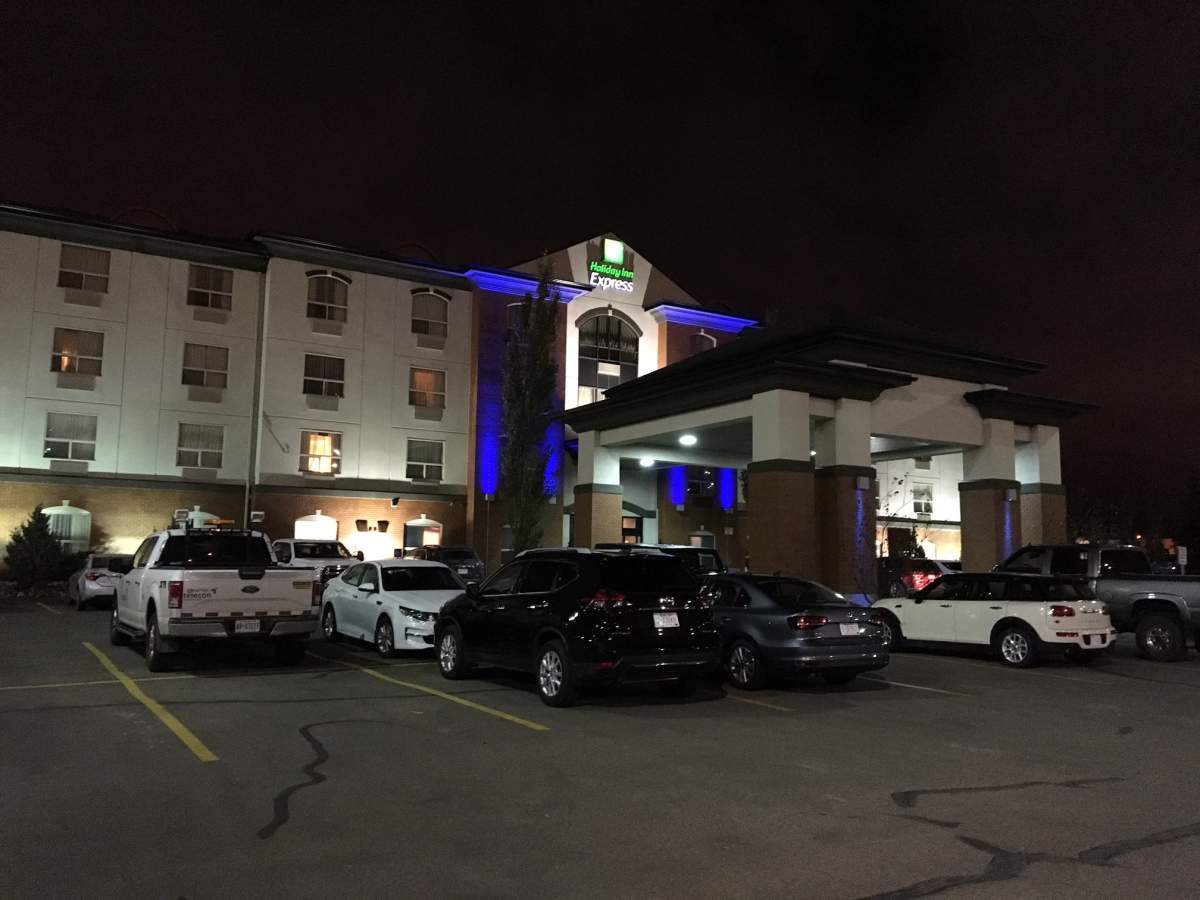 RCMP investigating a shooting at the Holiday Inn Express near Broadmoor Boulevard and Portage Lane in Sherwood Park, Alta. October 12, 2017.