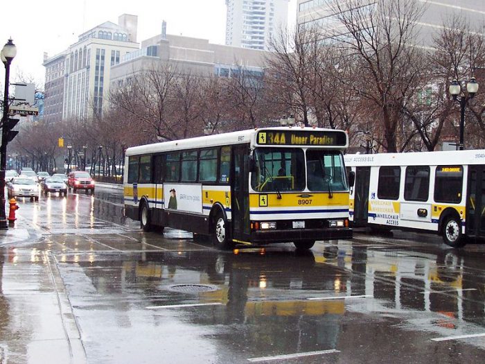 A HSR bus in downtown Hamilton.