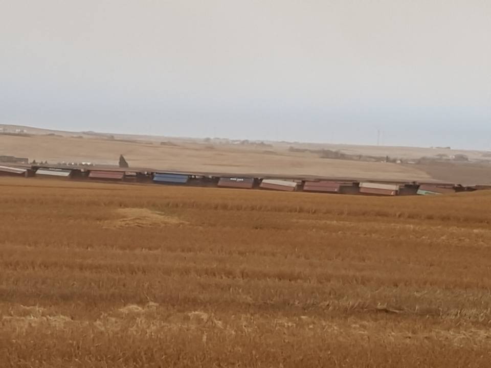 28 train cars derailed just south of Huxley, Alta. on Tuesday, Oct. 18, 2017.