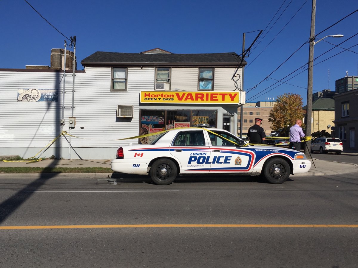 London police block off the Horton Variety store, as part of their investigations on Sunday Oct. 22, 2017.