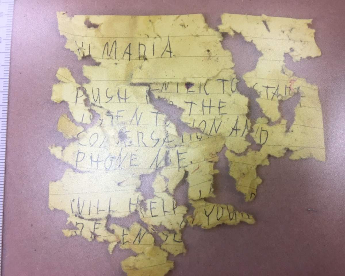 Photo of the note reconstructed by officers.