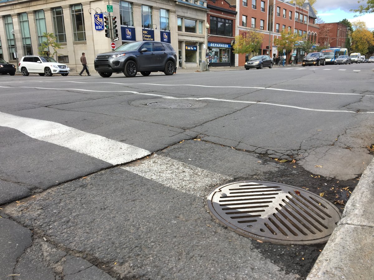 Crumbling roads greet drivers on Sherbrooke Street at the corner of Victoria in Westmount