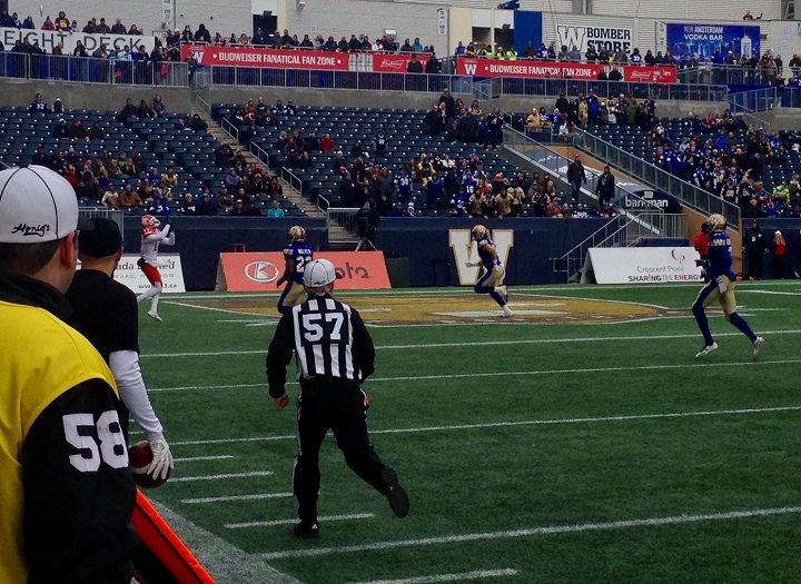 BC Lions slotback Nick Moore hauls in a 23-yard pass from Jonathon Jennings for a touchdown in the first quarter against the Winnipeg Blue Bombers.