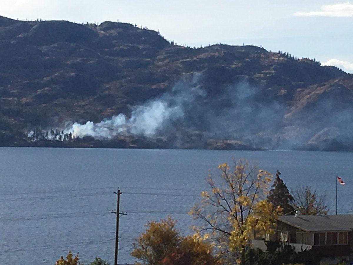 A forest fire is burning Monday across Okanagan Lake from Peachland. 